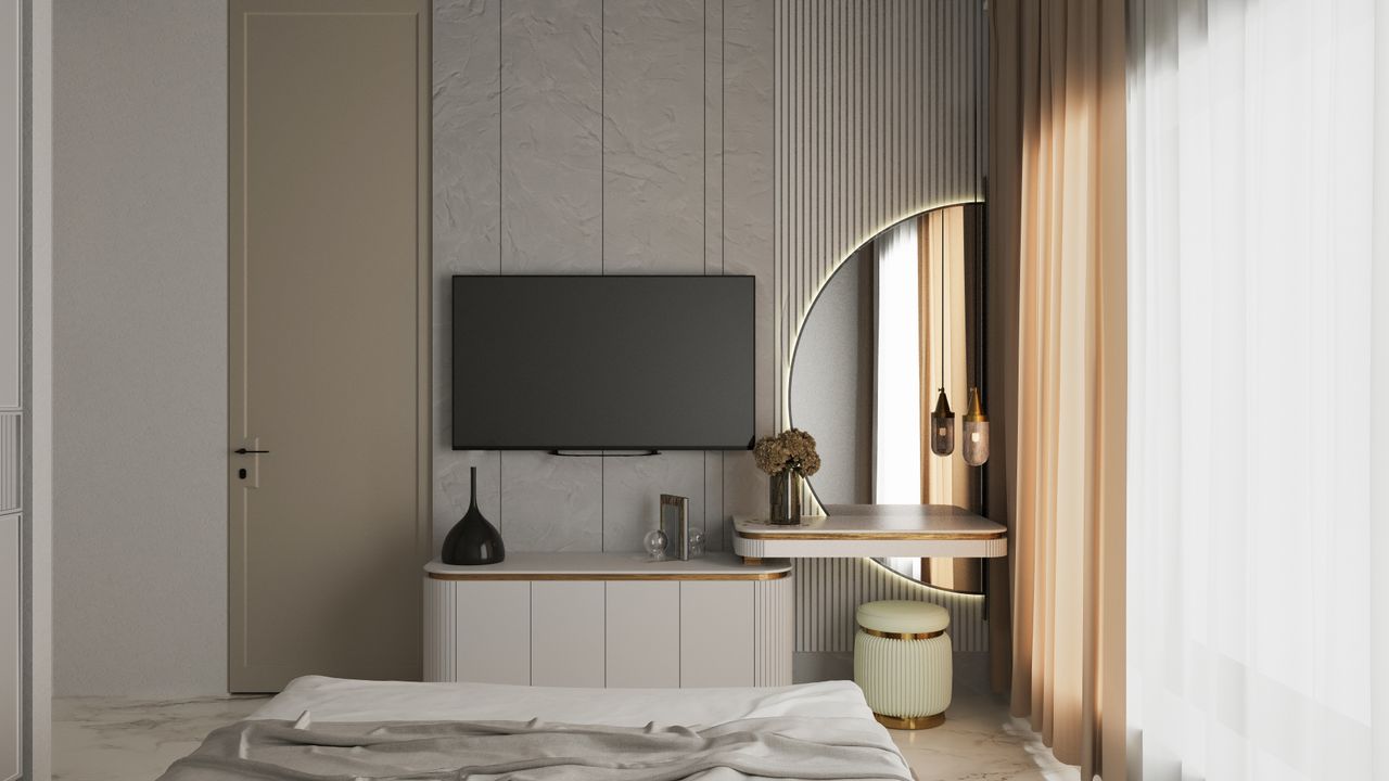 about-01 Elegant modern bedroom interior with minimalist design elements, TV, and unique decor.