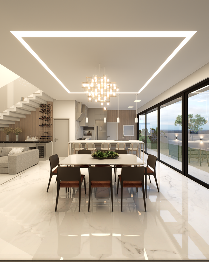 gallery-5 Sleek contemporary interior design featuring an open-plan kitchen and dining area with elegant lighting.