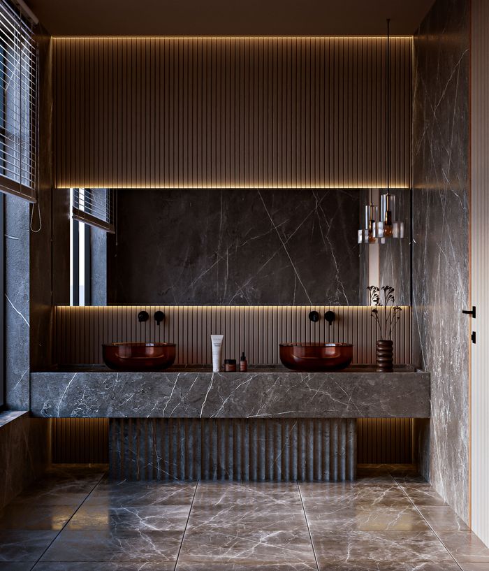 ours-journey Elegant modern bathroom with marble design, double sink, and ambient warm lighting.